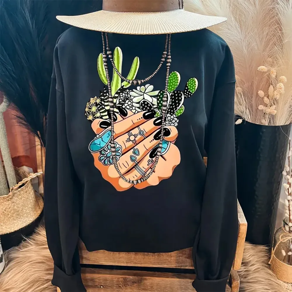 Wild West Cactus Pattern Printed Casual Round Neck Sweatshirt