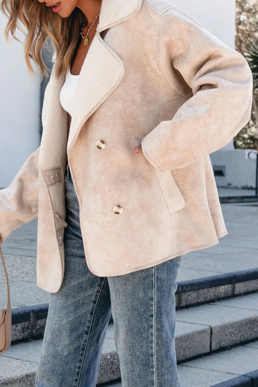 Faux Suede Sherpa Jacket - Beige