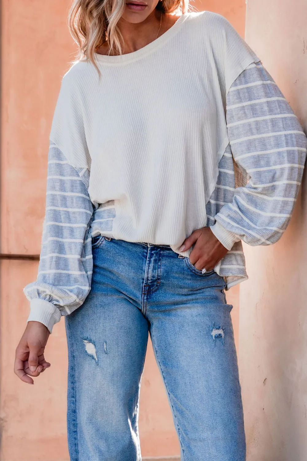 Grey and Cream Contrast Striped Sweater