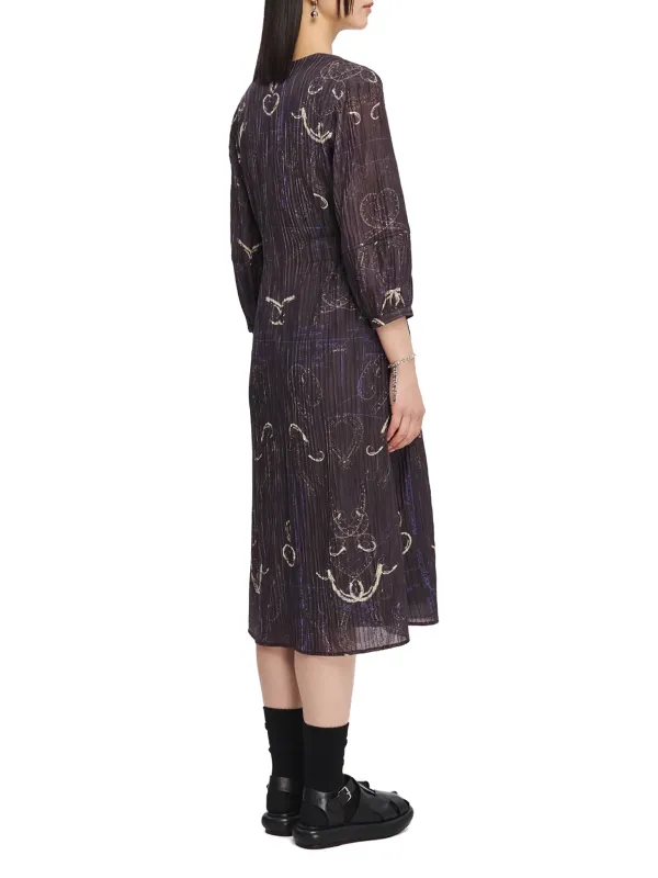 French Curve Ruler Print Puff-Sleeves Dress