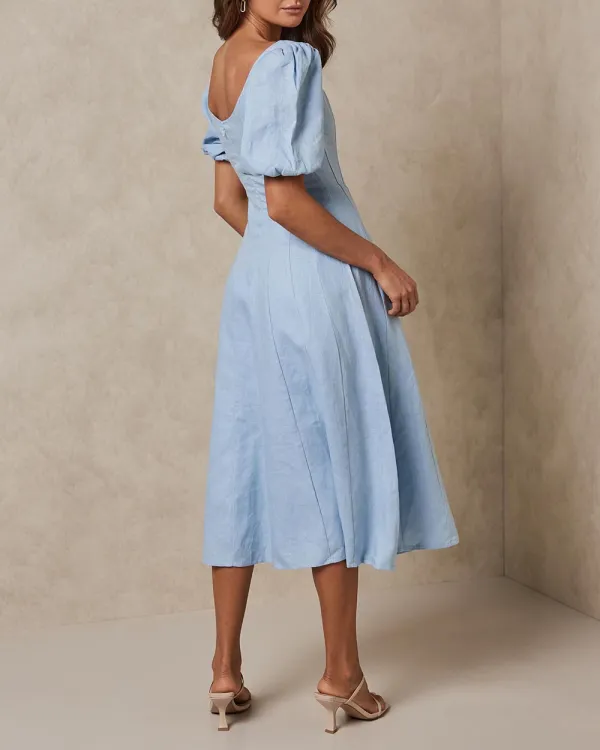 Linen Puff Sleeve Classic Midi Dress