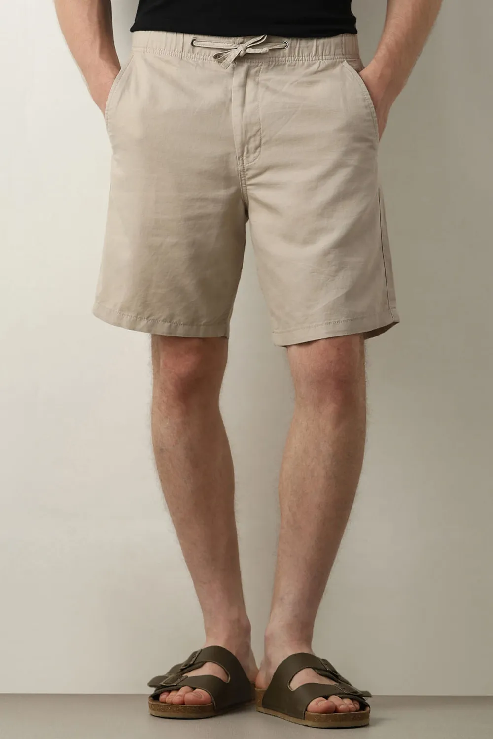 Beige Mid Rise Drawstring Linen Shorts