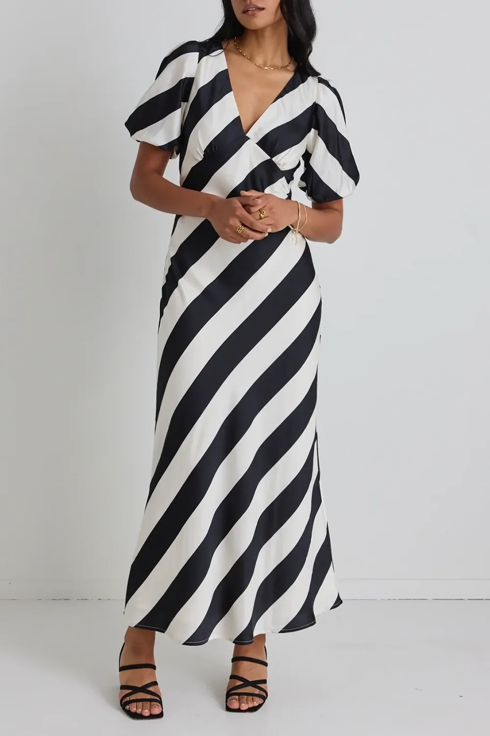 Amora Black White Stripe SS Bias Midi Dress