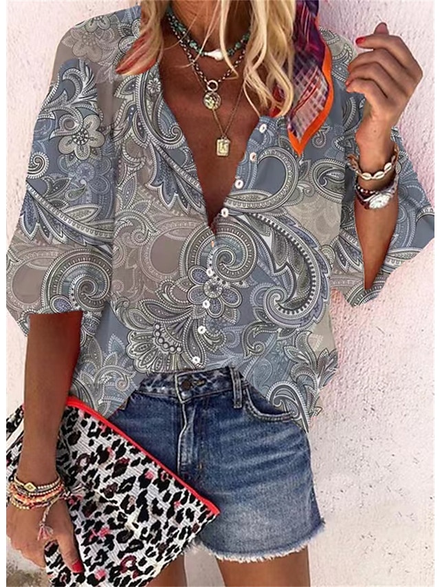 Women's Shirt Blouse Pink Red Blue Graphic Button Print Long Sleeve Casual Basic V Neck Regular Fit Spring Fall