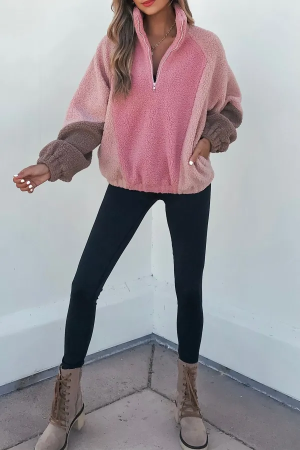 Pink Color Block Sherpa Jacket