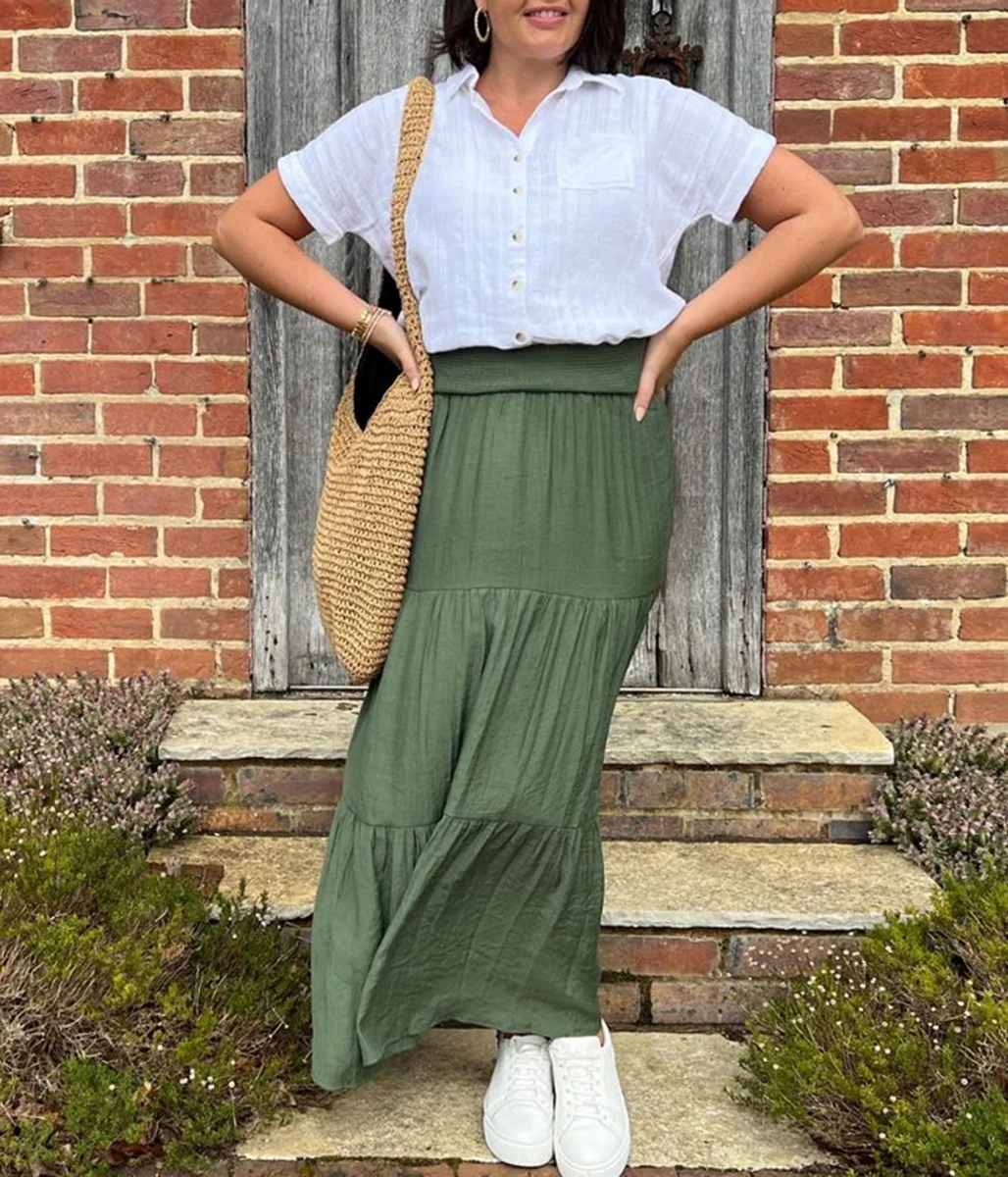 Khaki Tiered Maxi Skirt