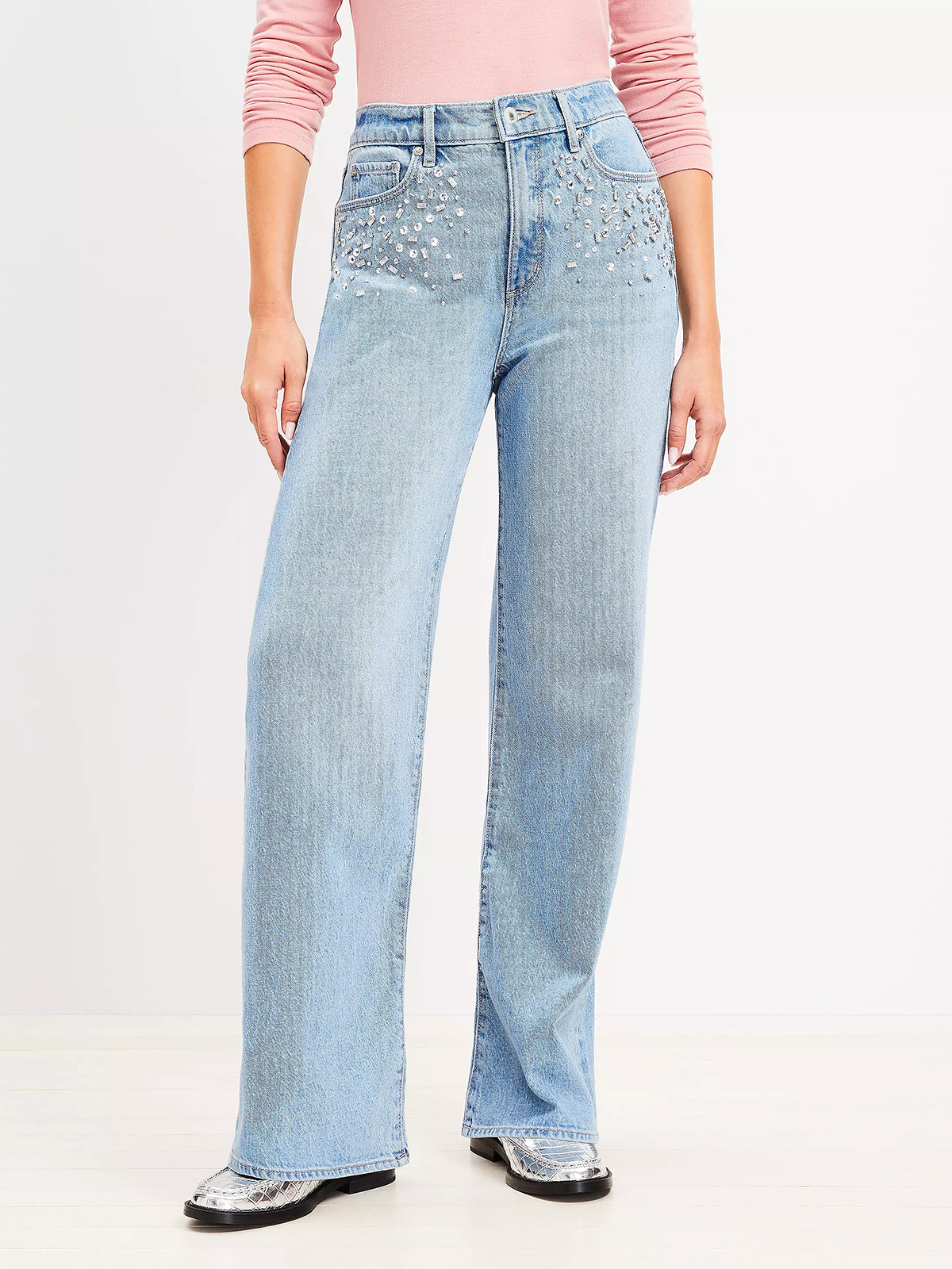 Sparkle High Rise Wide Leg Jeans in Light Wash Indigo