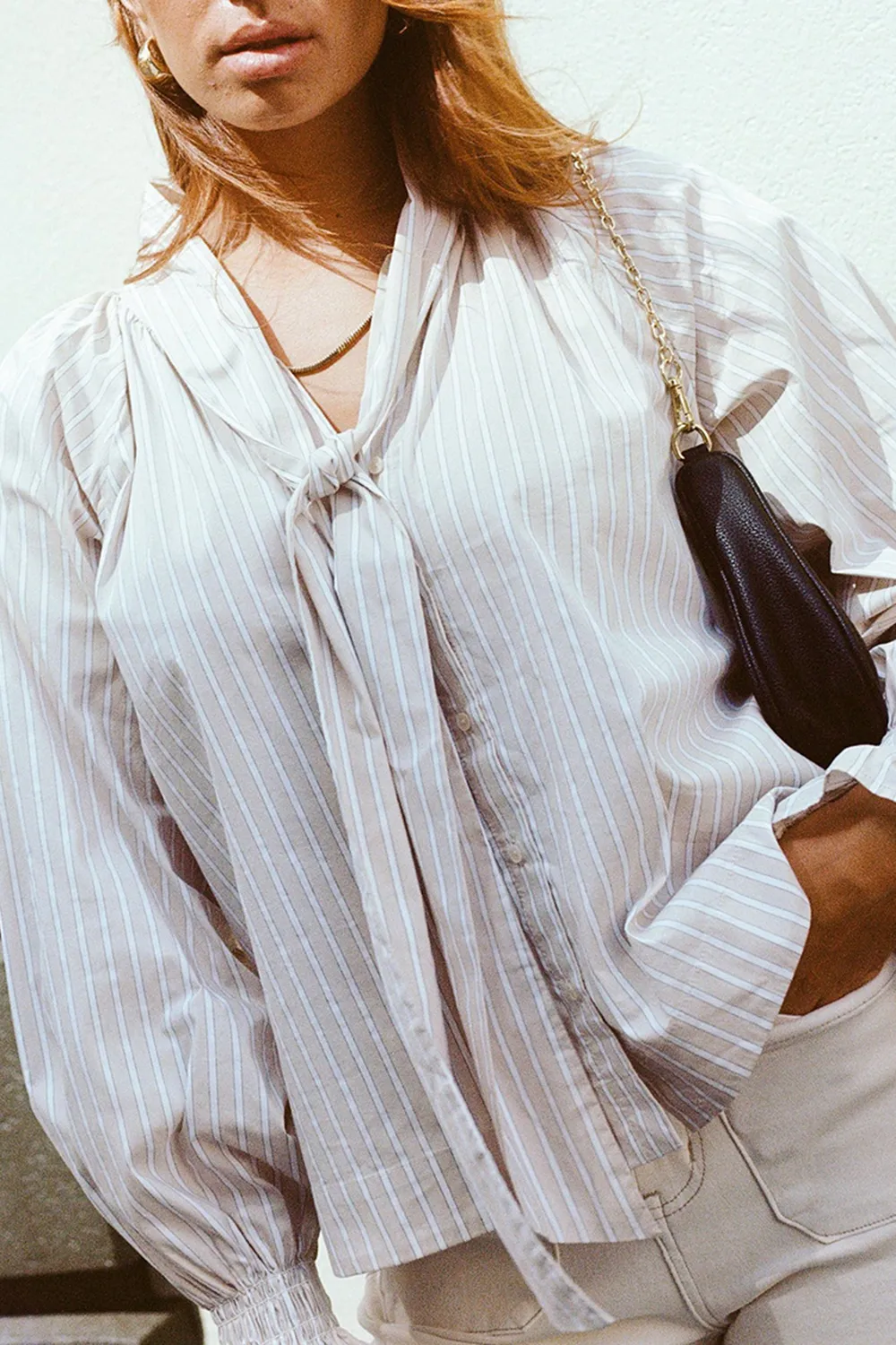 Compassion Ecru Stripe Poplin Tie Front Blouse