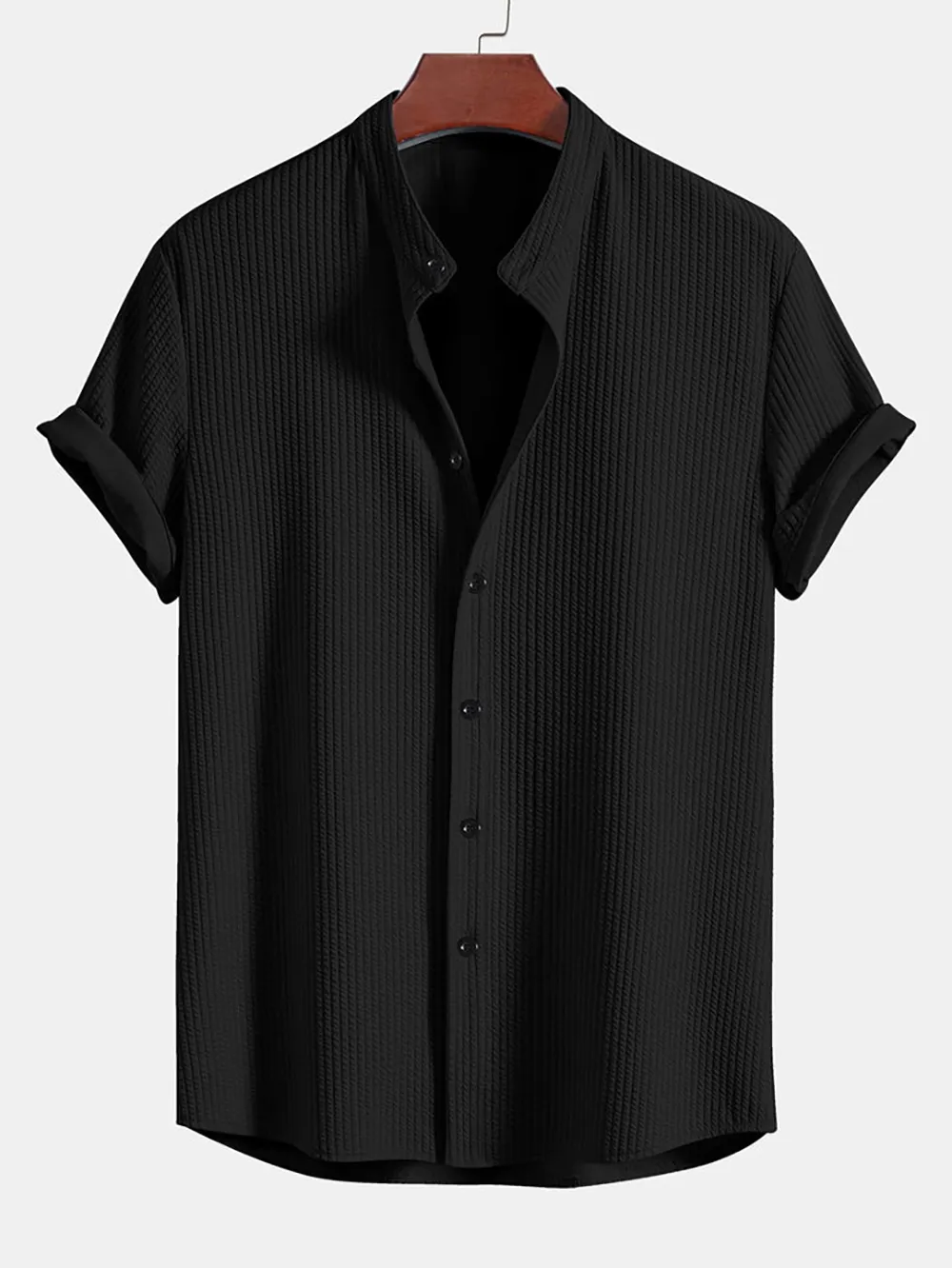 Muscle Fit Ribbed Stand Collar Shirt