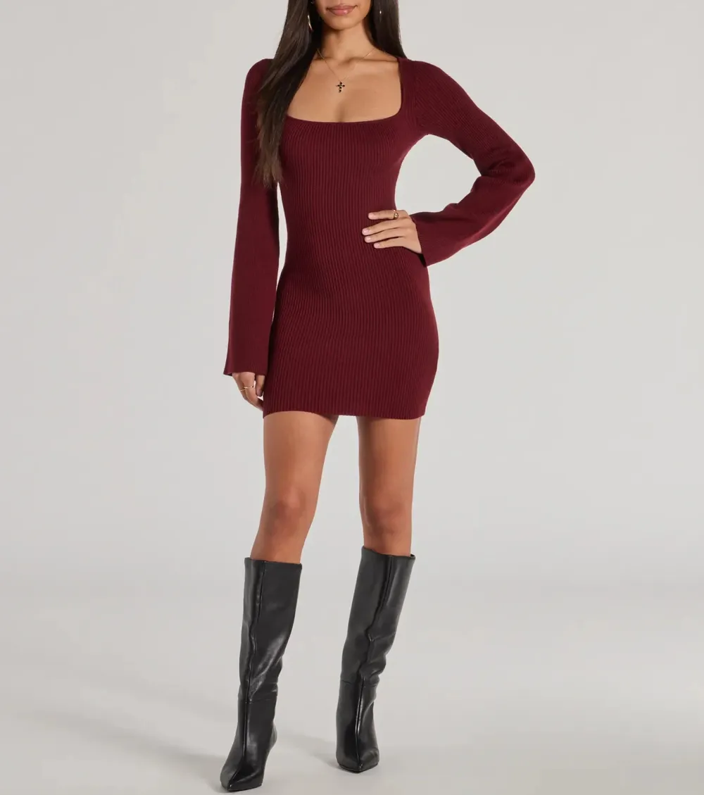 Seasonal Staple Ribbed Knit Bell Sleeve Mini Dress