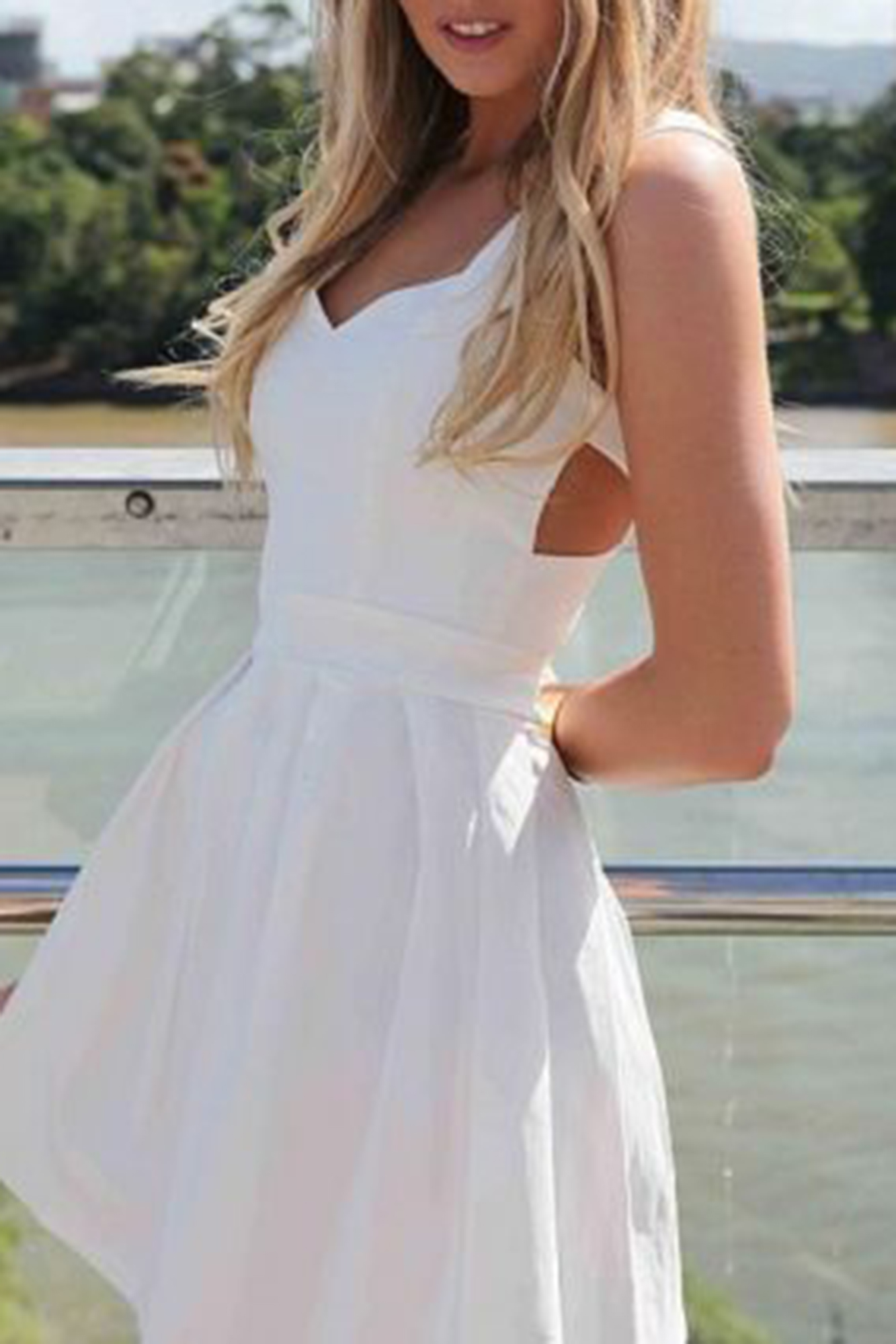 White Heart Cutout Dress with Fitted Bodice & Pleated Skirt