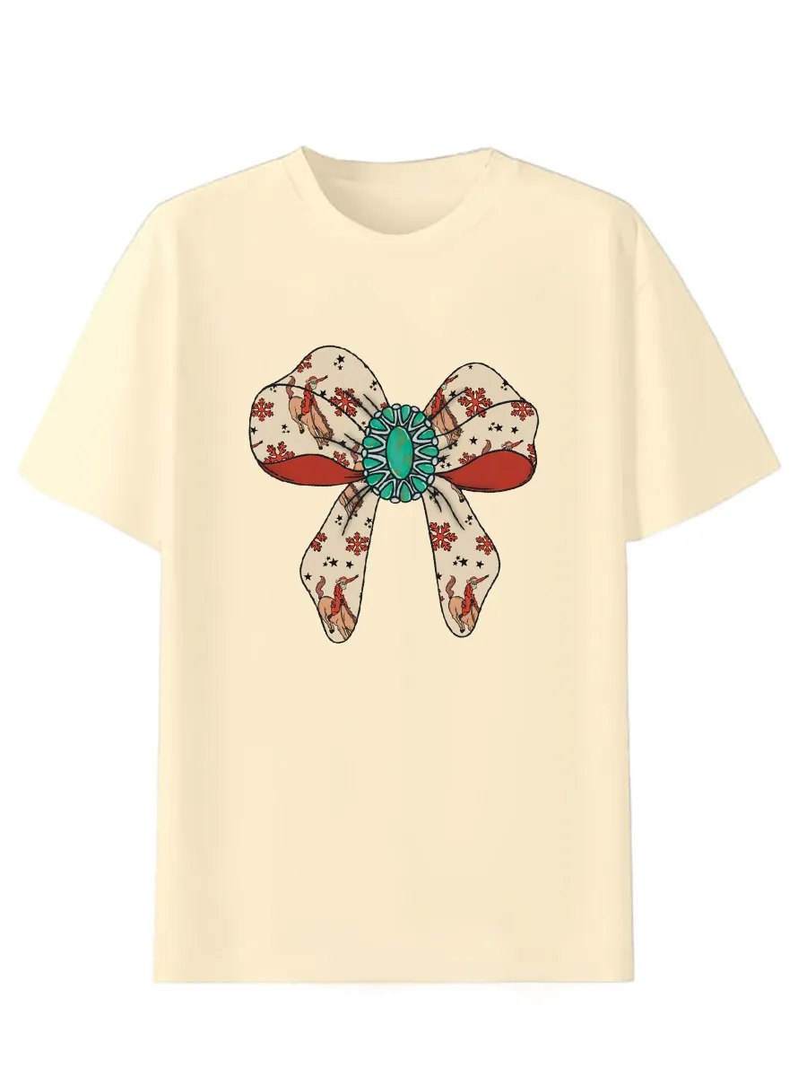 Western turquoise denim bow pattern T-shirt