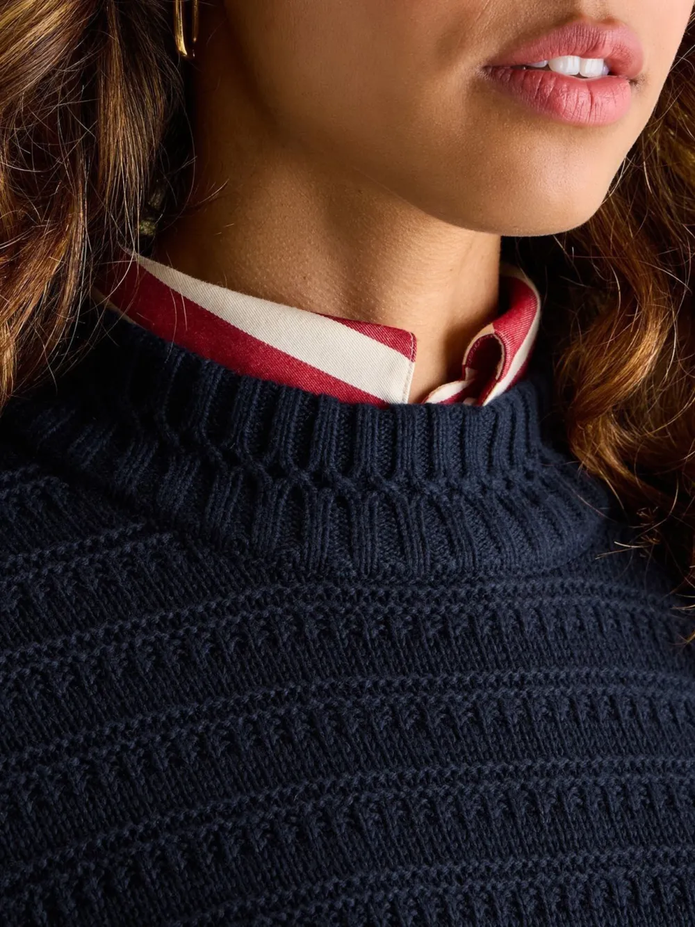 Navy Blue Crew Neck Textured Jumper Contains Merino Wool