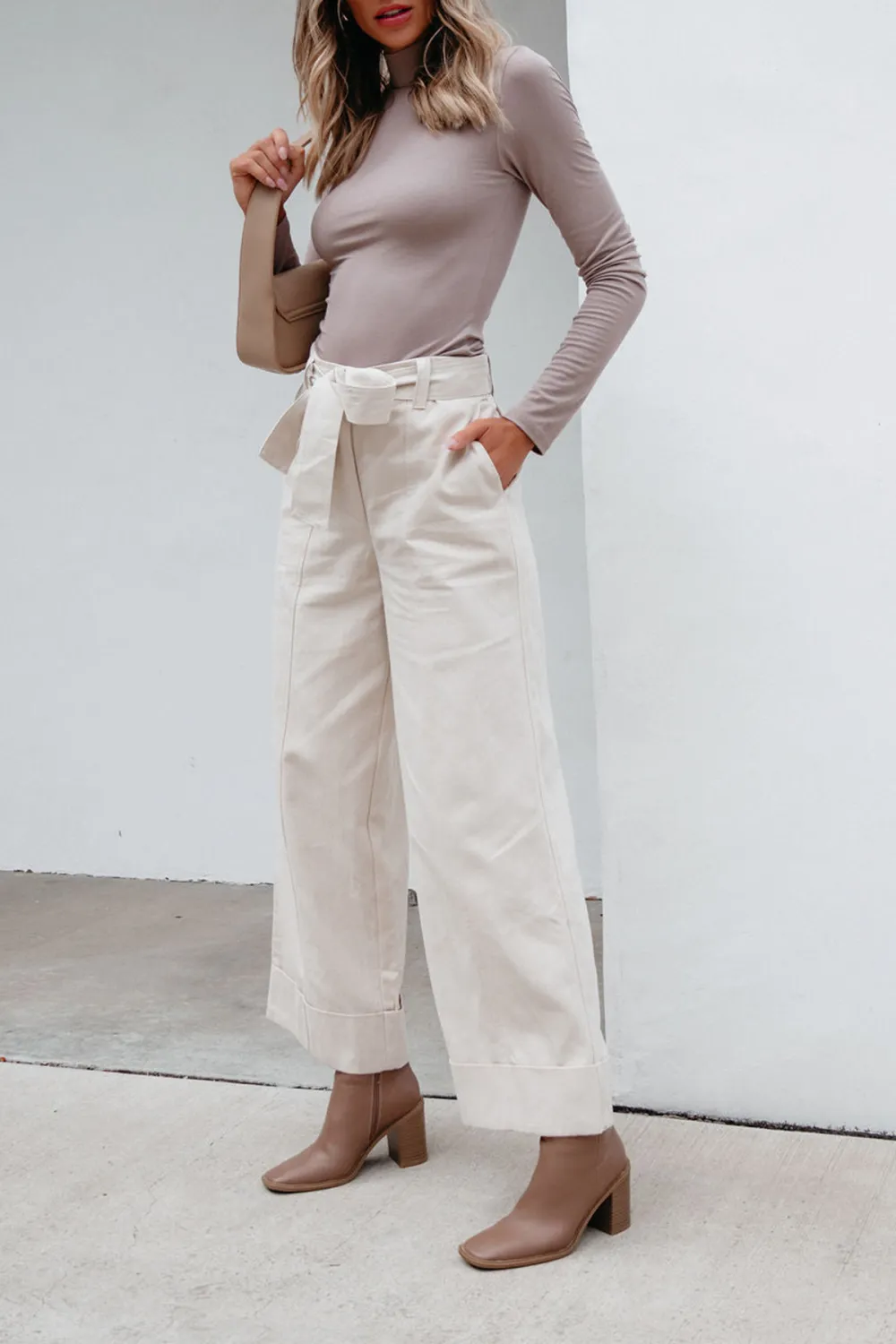 Belted Wide Leg Cuffed Pants - Natural