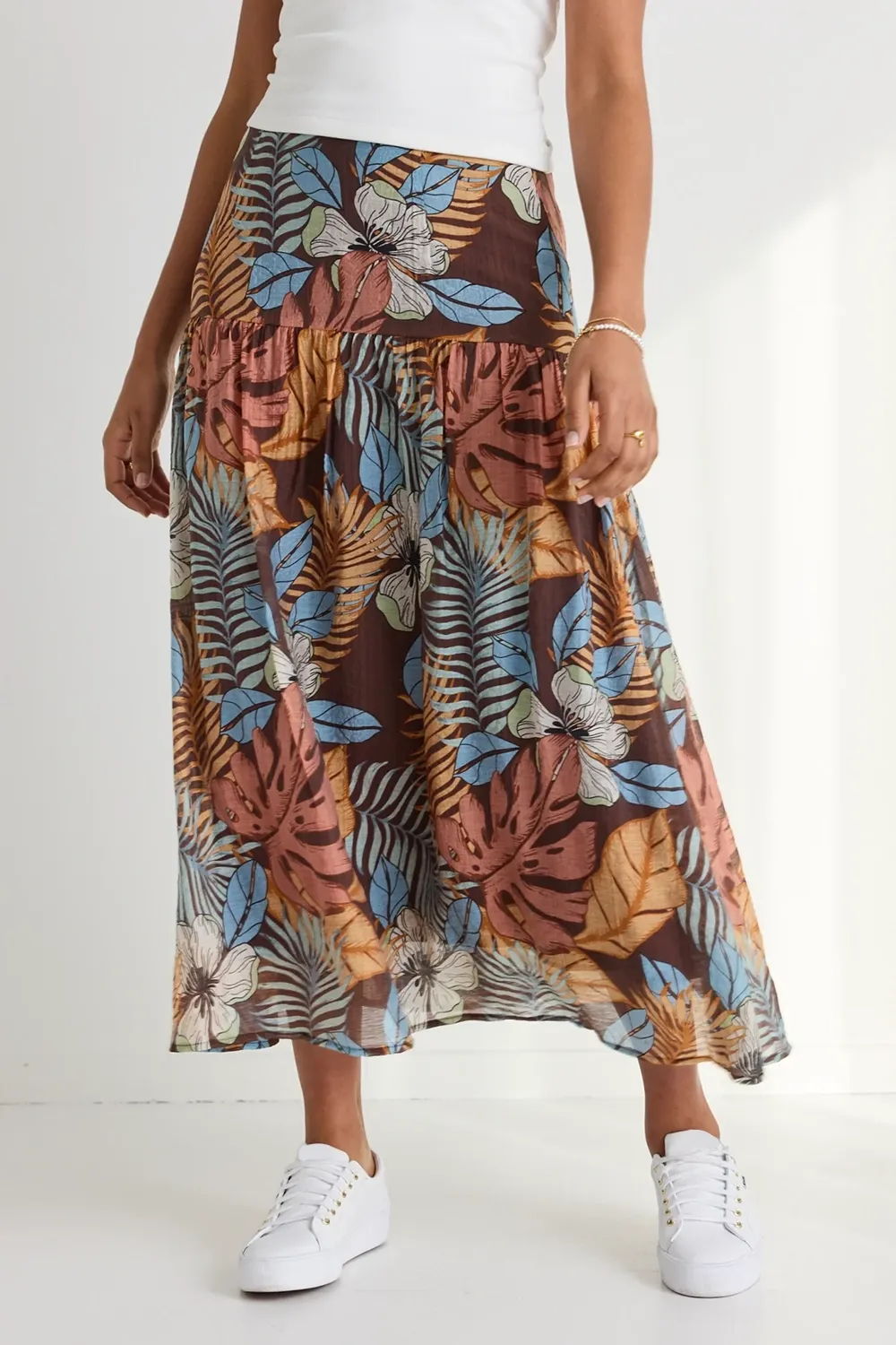 Sway Tropical Chocolate Print Flat Basque Midi Skirt