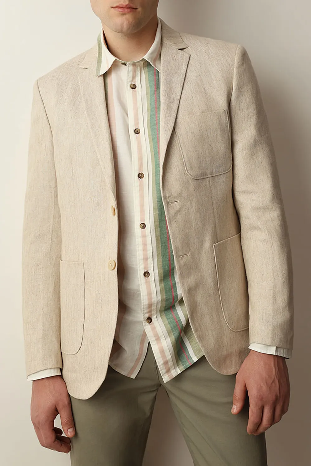 Beige Textured Linen Casual Blazer