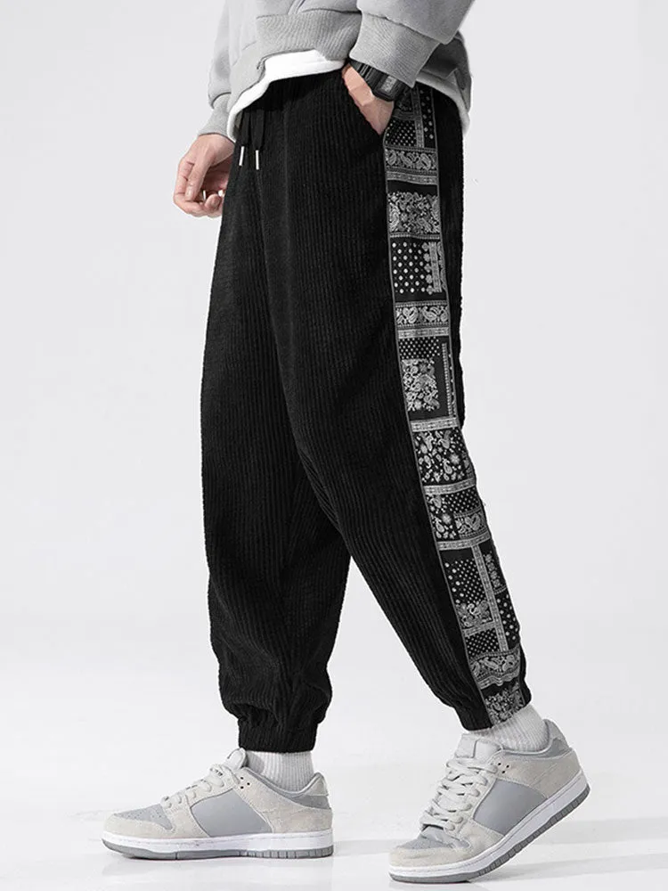 Corduroy Paisley Print Panel Pants