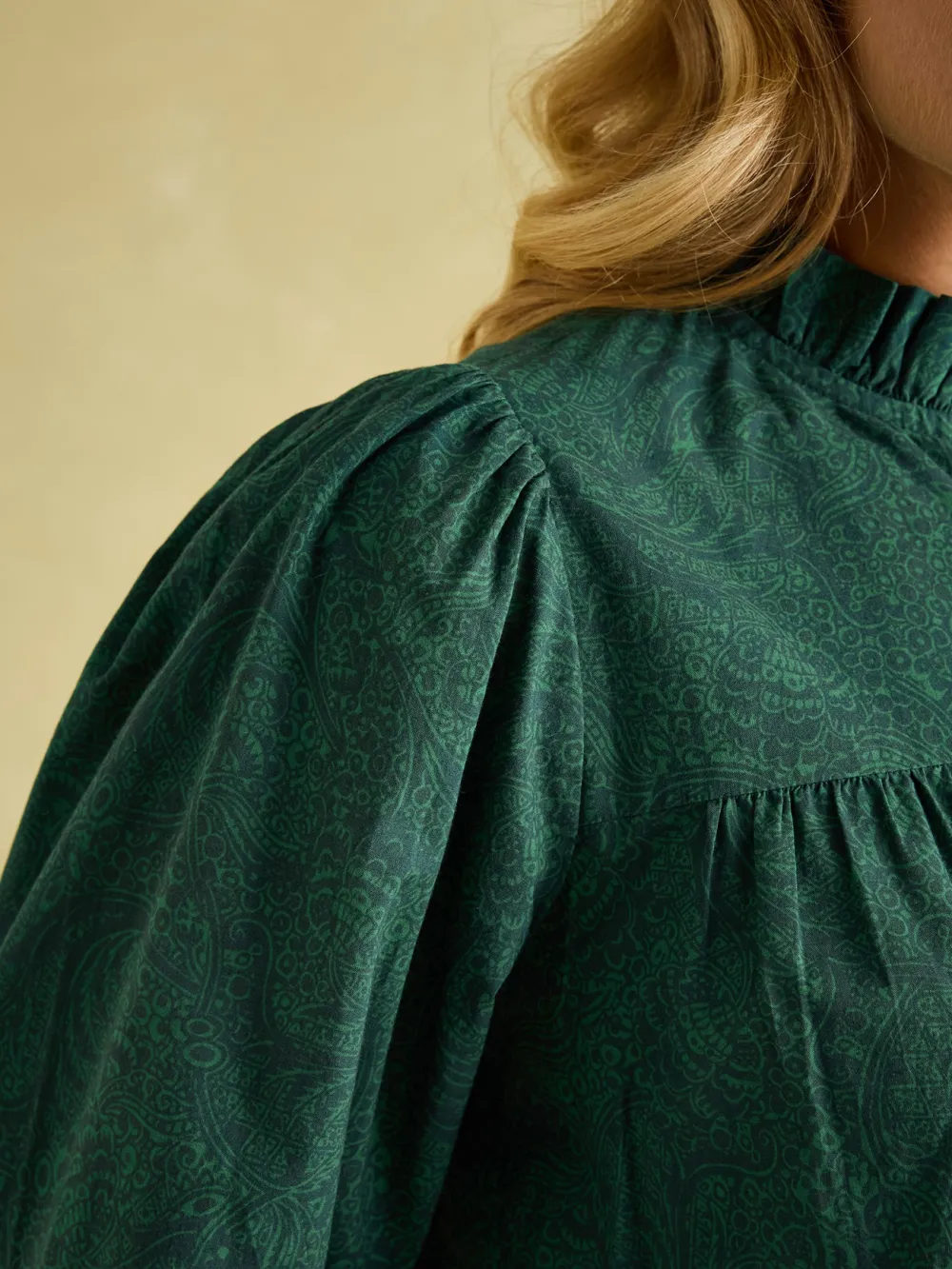 Green Paisley Cotton Frill Neck Blouse