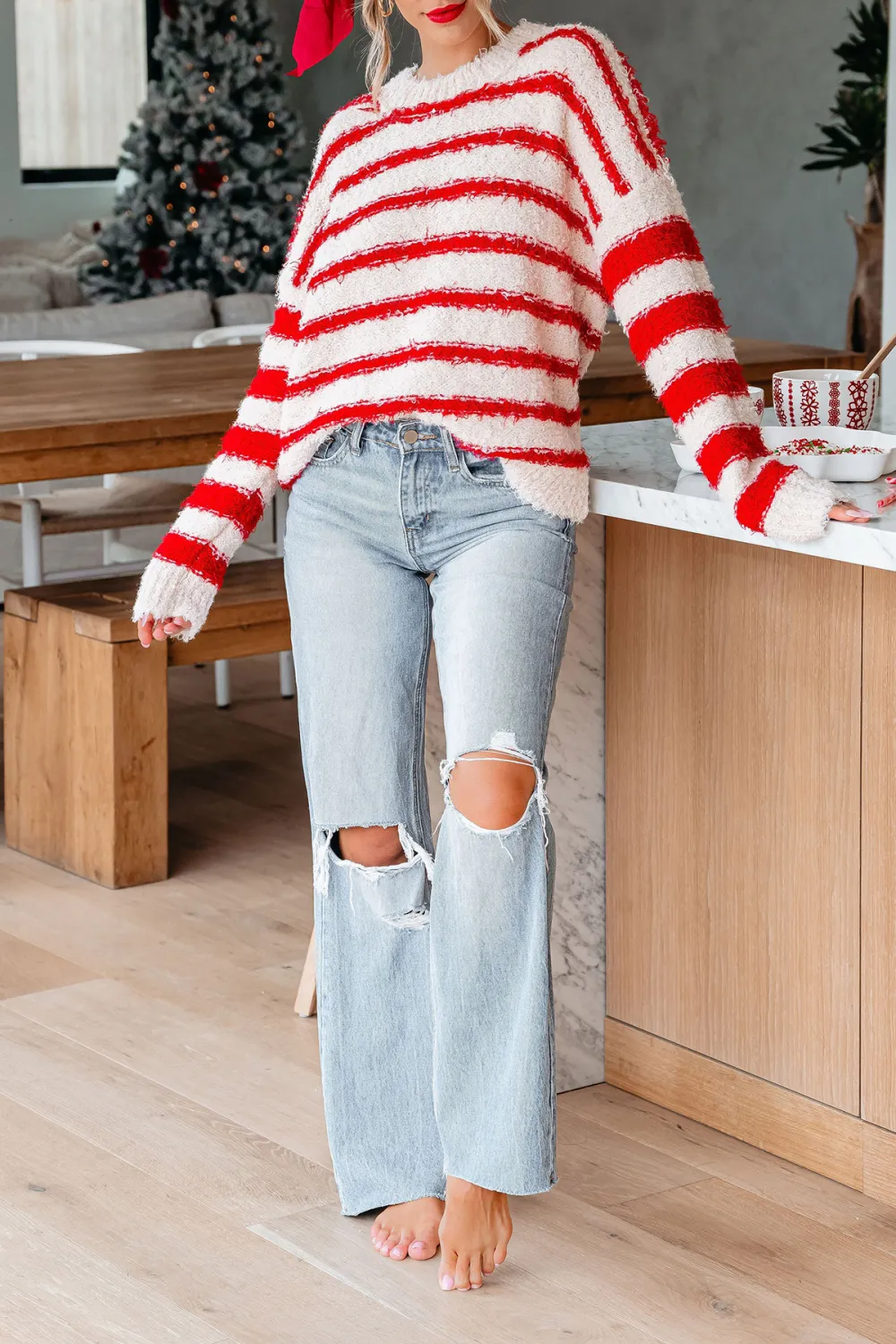 Fuzzy Red Striped Pullover Sweater