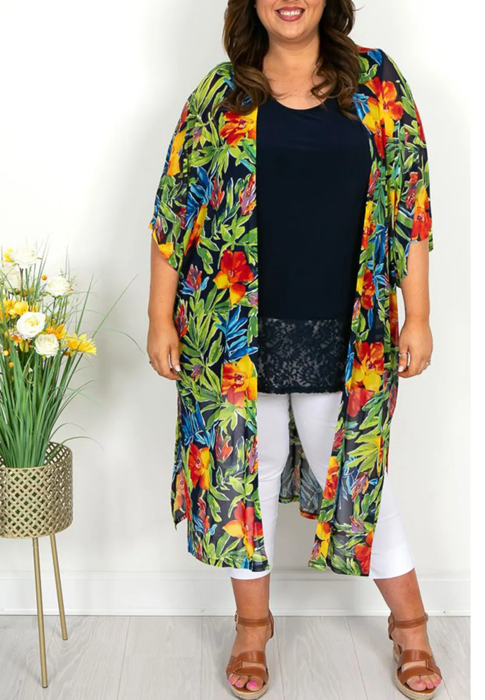 Tropical Print Mesh Kimono Jacket