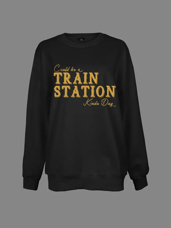 Western graphic train station slogan sweatshirt