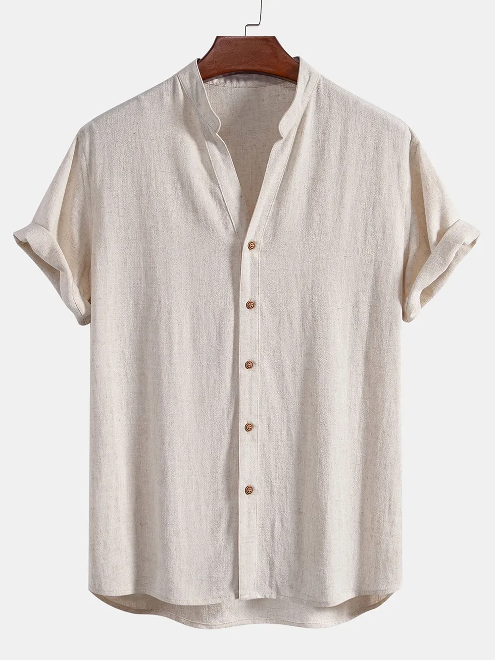 Short Sleeve Linen Rayon Blend Stand Collar Shirt