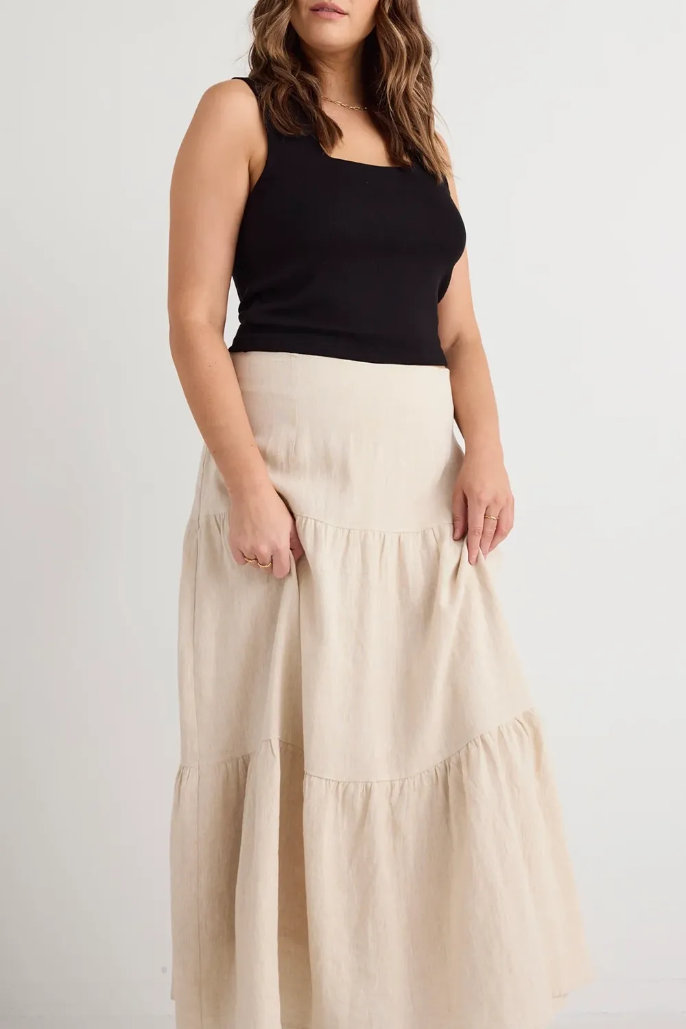 Blazing Sand Tiered Linen Midi Skirt