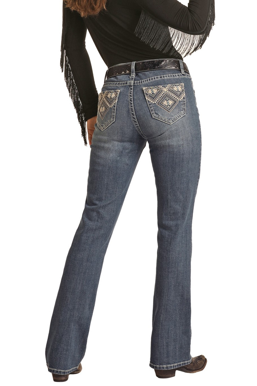 Simple women's mid-waist pocket line design details denim pants