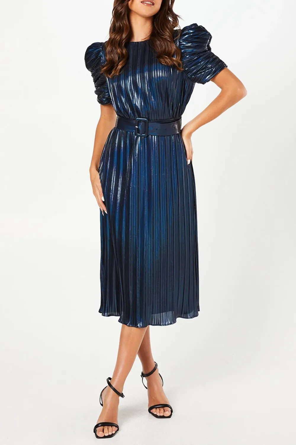 Metallic Pleated Puff Sleeve Midi Dress