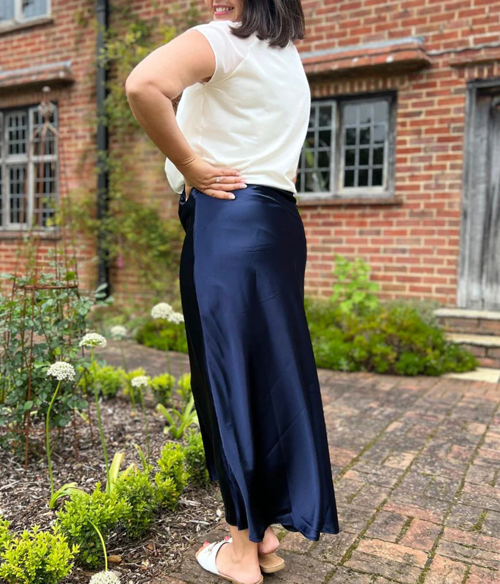 Navy Satin Maxi Skirt