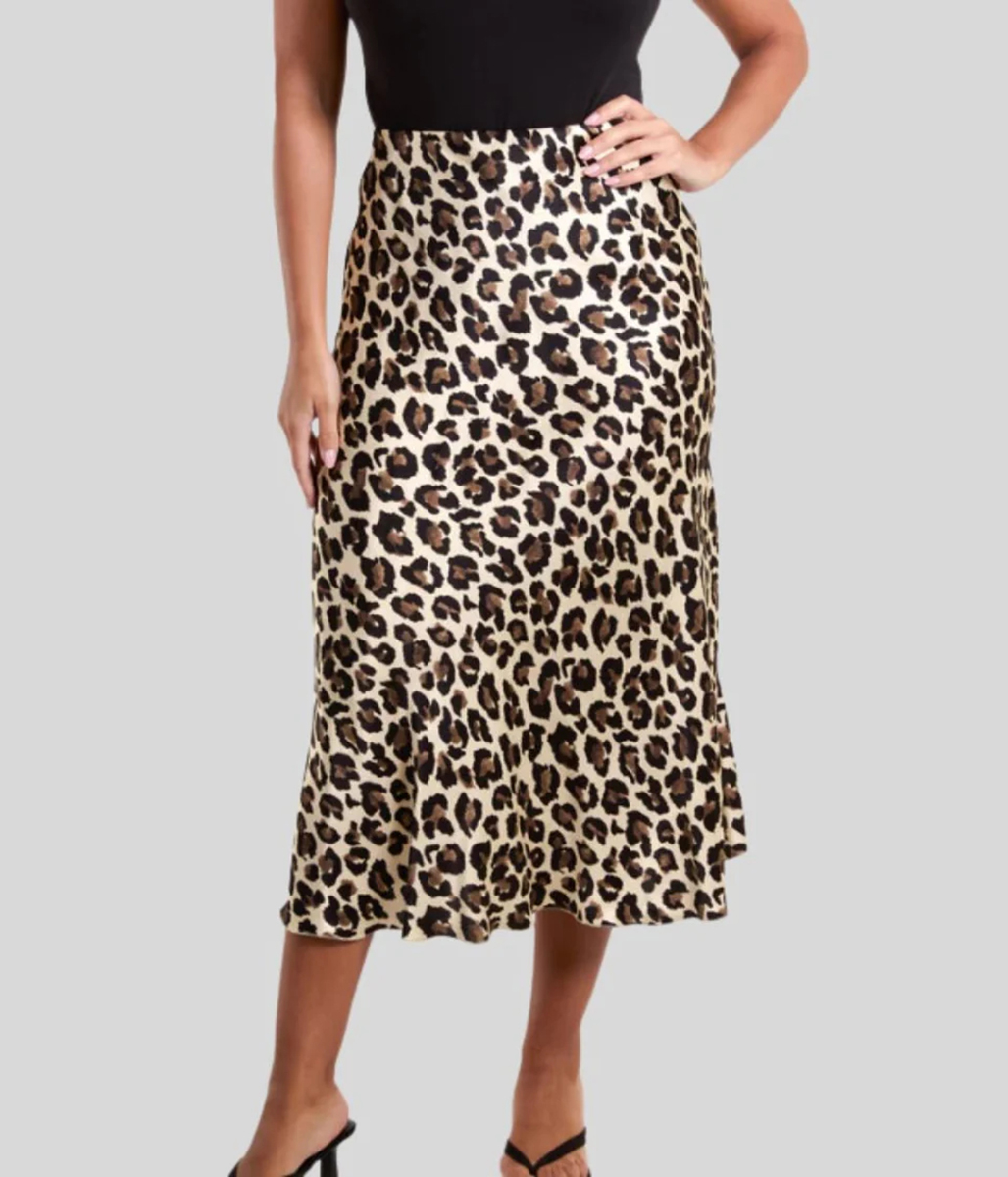 Leopard Print Satin Slip Midi Skirt