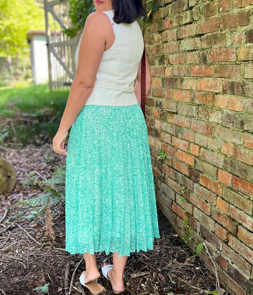 Green Swirling Animal Pleated Midi Skirt 6