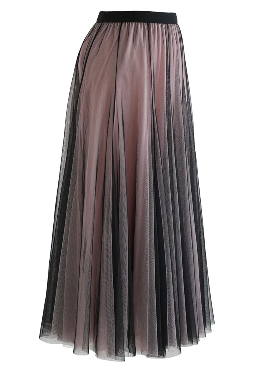 MIXTURE COLOR PANELLED TULLE MAXI SKIRT IN BLACK