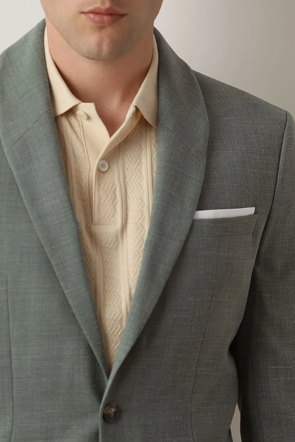 Green Linen Single Breasted Suit-Set Blazer