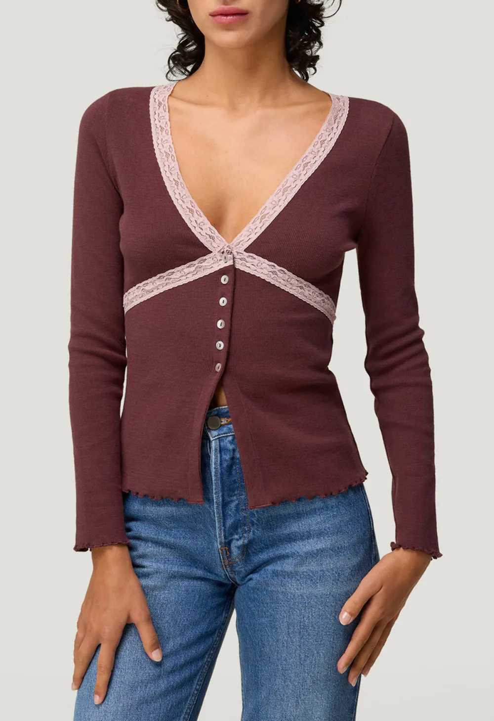 Long-Sleeved Panelled Lace Trim Top