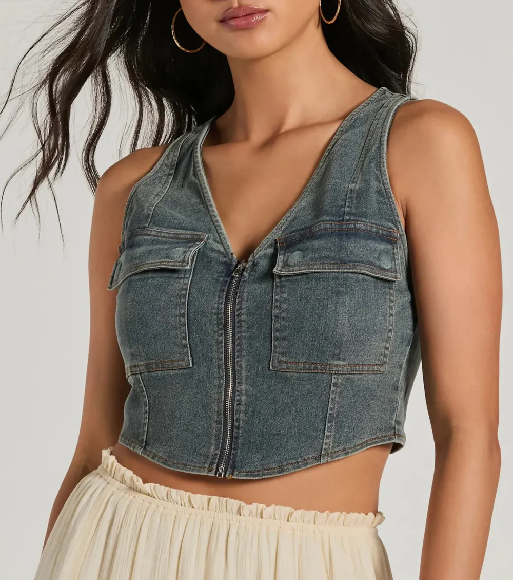 Definite Icon Zip Up Pocket Denim Vest