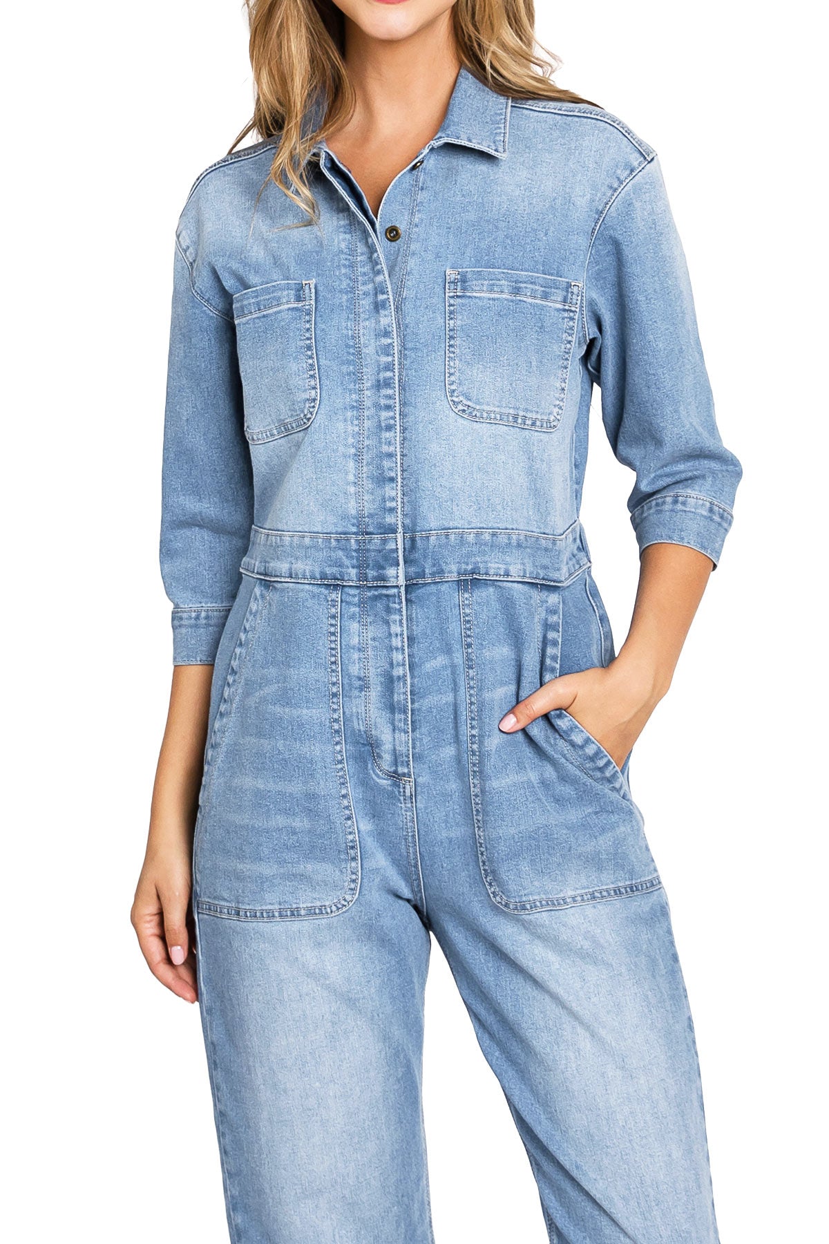 Lana Roux Aviator Relax Denim Utility Coverall Jumpsuit