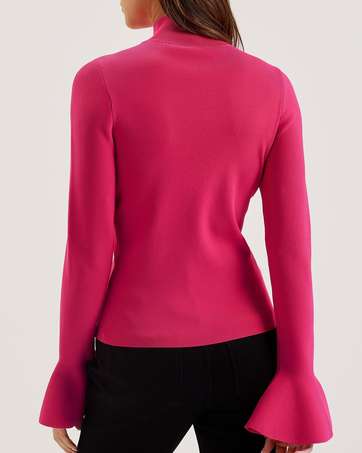 Laynha High Neck Knitted Frill Sleeve Top Fuchsia