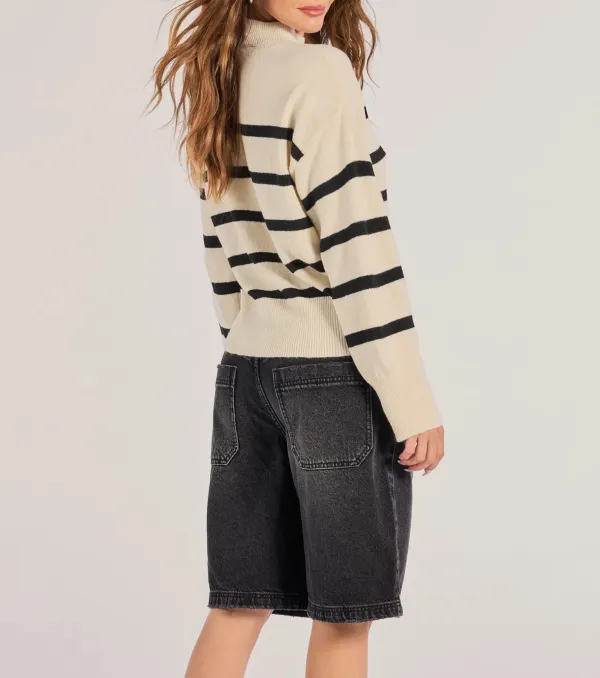 Preppy Casual Striped Knit Mock Neck Sweater