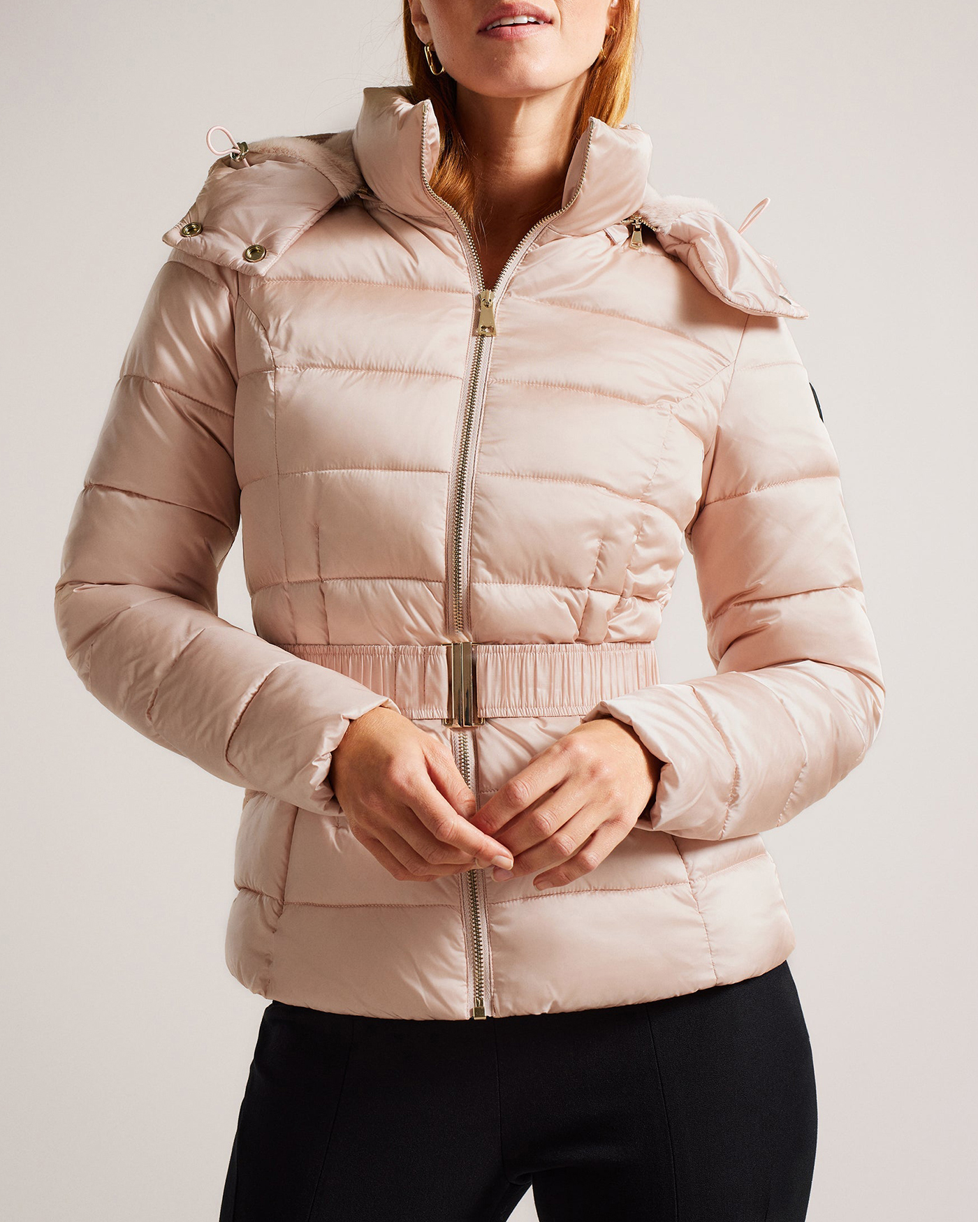 Abbiiee Belted Padded Coat With Detachable Hood Dusky-Pink