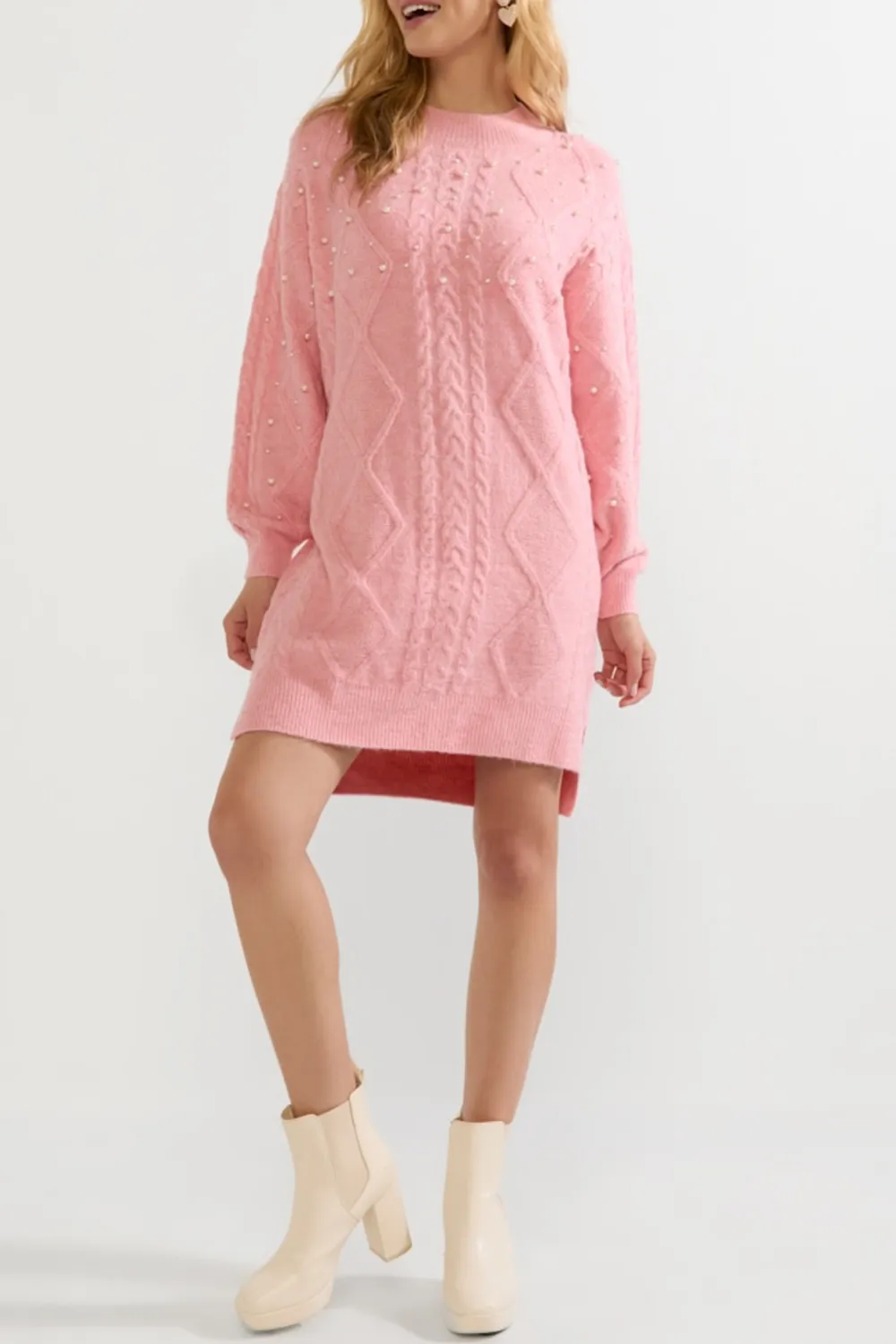 Elsa Pearl Embellished Cable Sweater Mini Dress