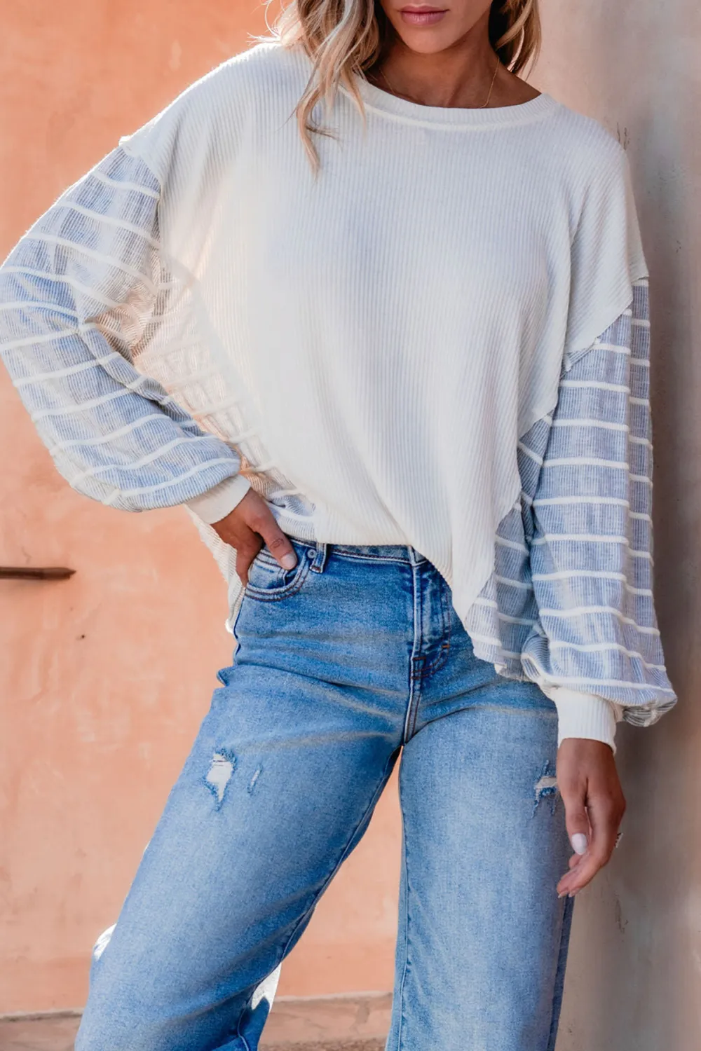 Grey and Cream Contrast Striped Sweater