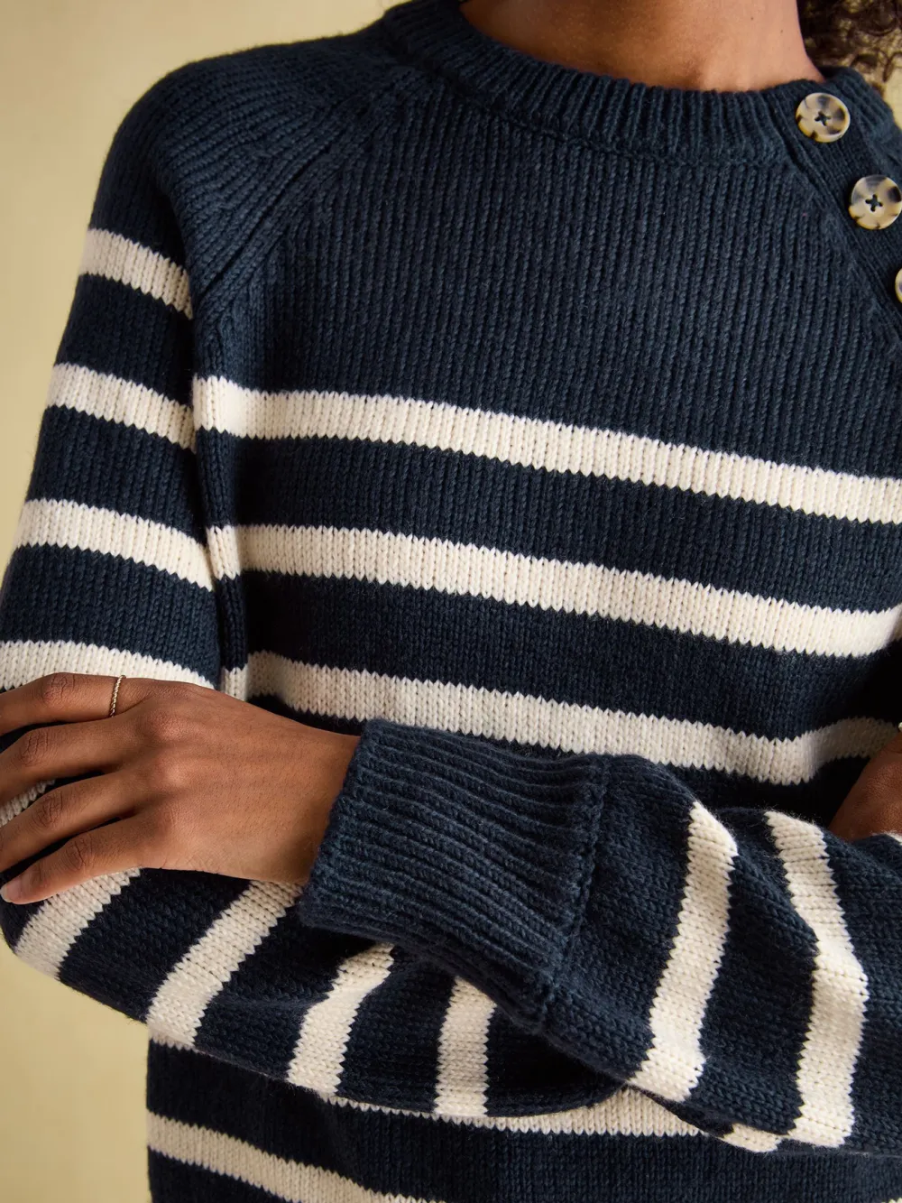 Agnes Navy Striped Button Neck Jumper