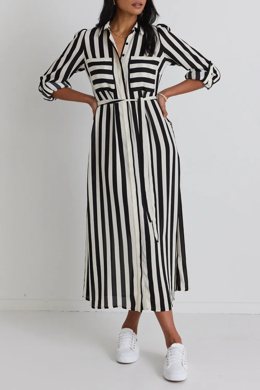 Cyprus Black And White Stripe LS Shirt Midi Dress