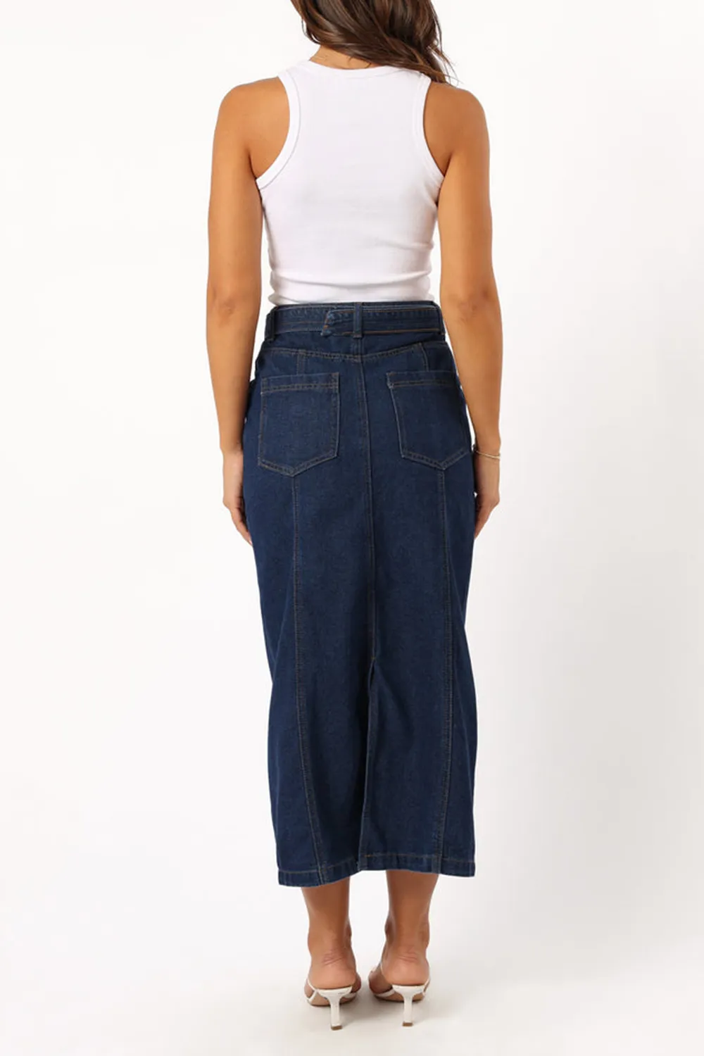 MELODY BELTED DENIM MIDI SKIRT - MID WASH