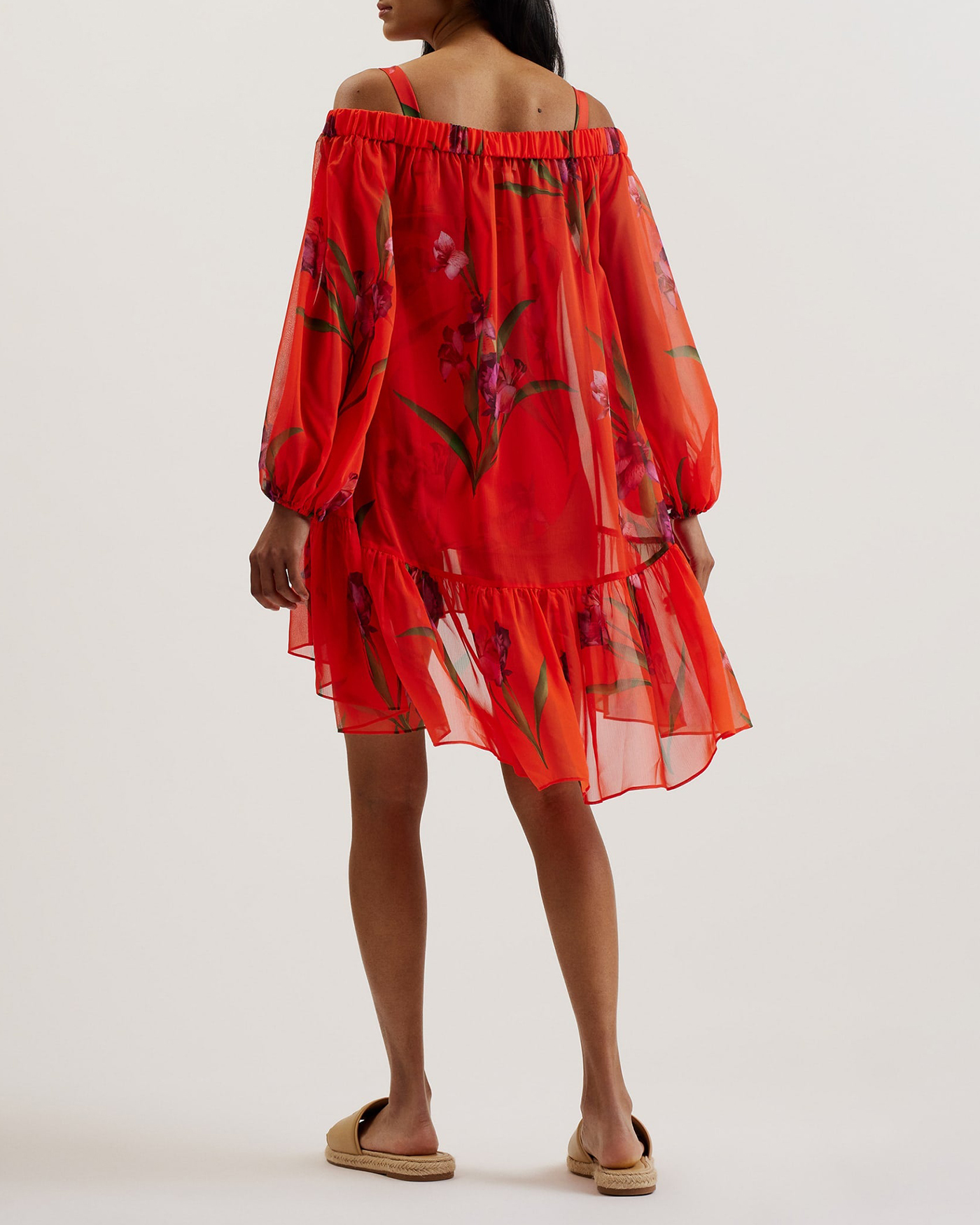 Ariizon Floral Bardot Beach Cover Up Brt-Red