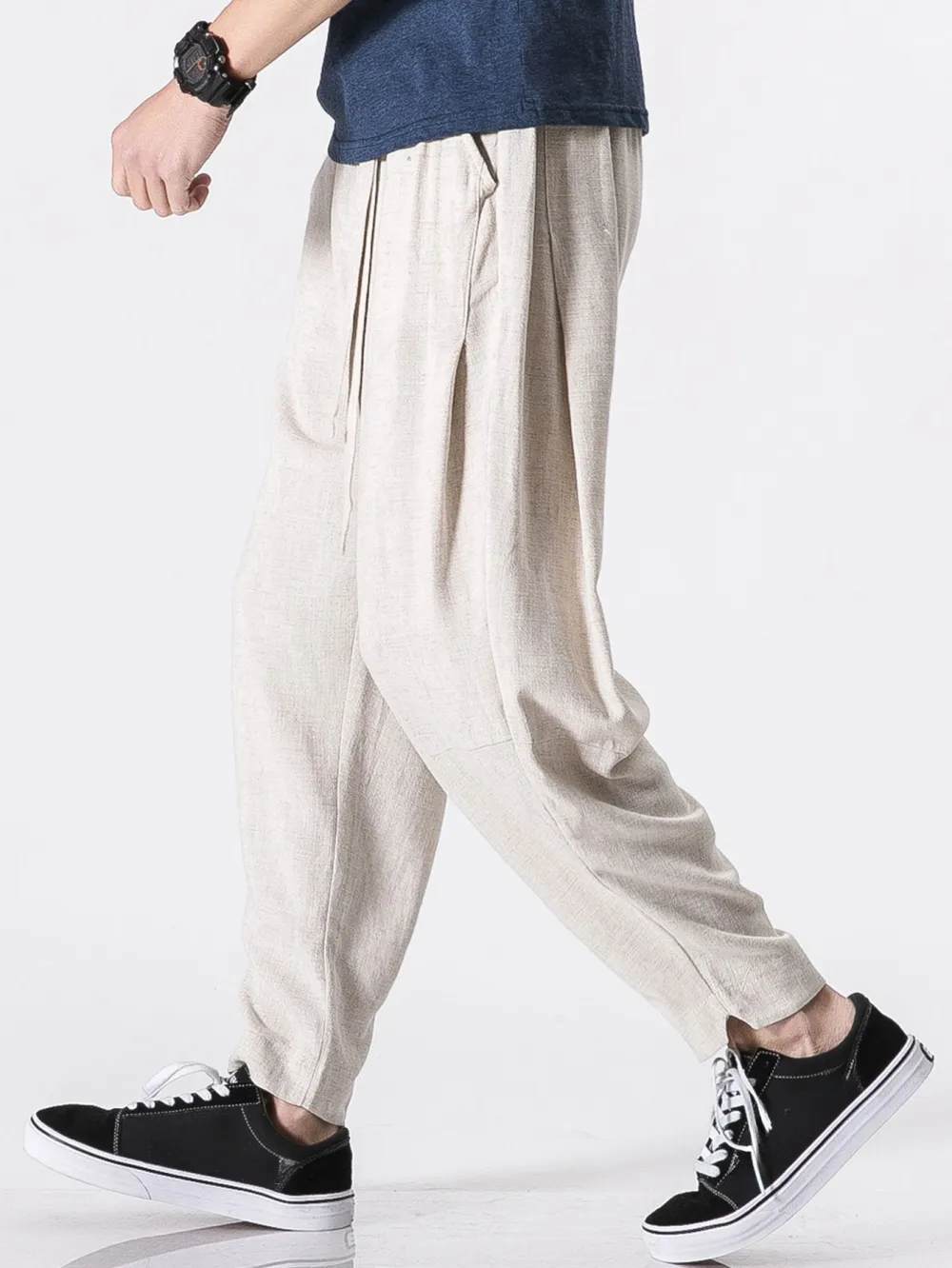 Detachable Belt Relax Fit Linen And Cotton Blend Harem Pants