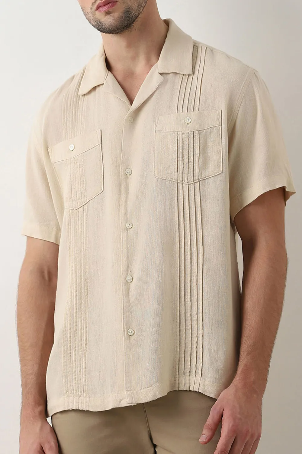 Beige Cuban Collar Short Sleeves Shirt