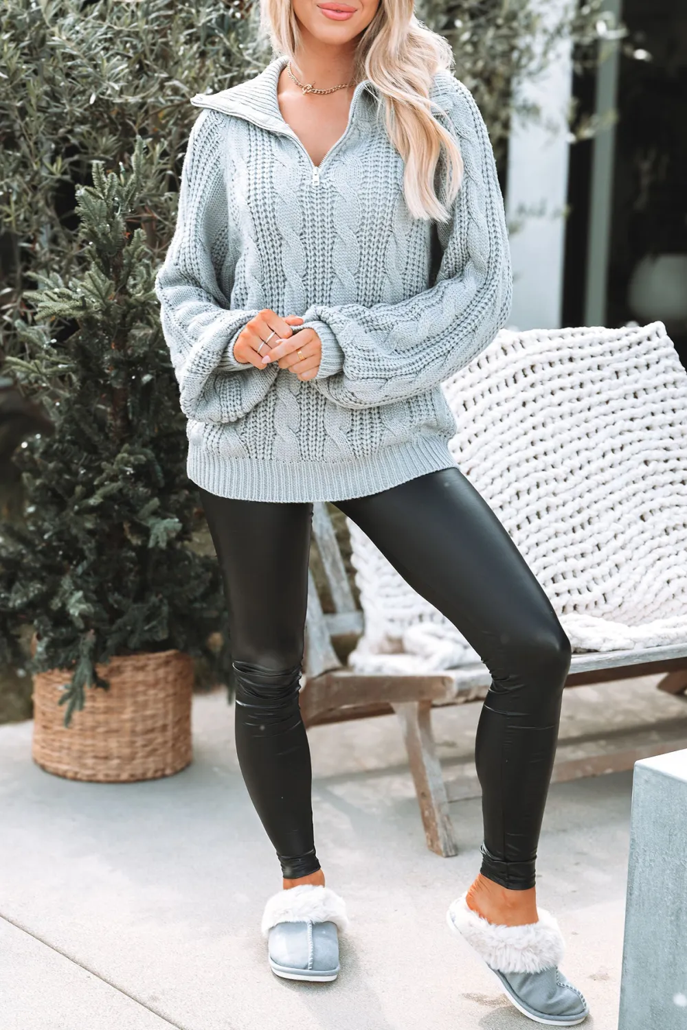 Grey Cable Knit Zip Up Sweater