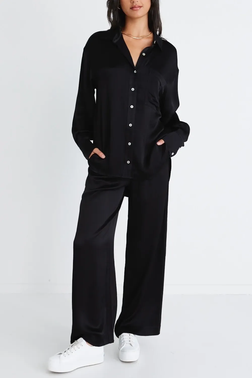 Elation Black Viscose Satin Oversized Shirt